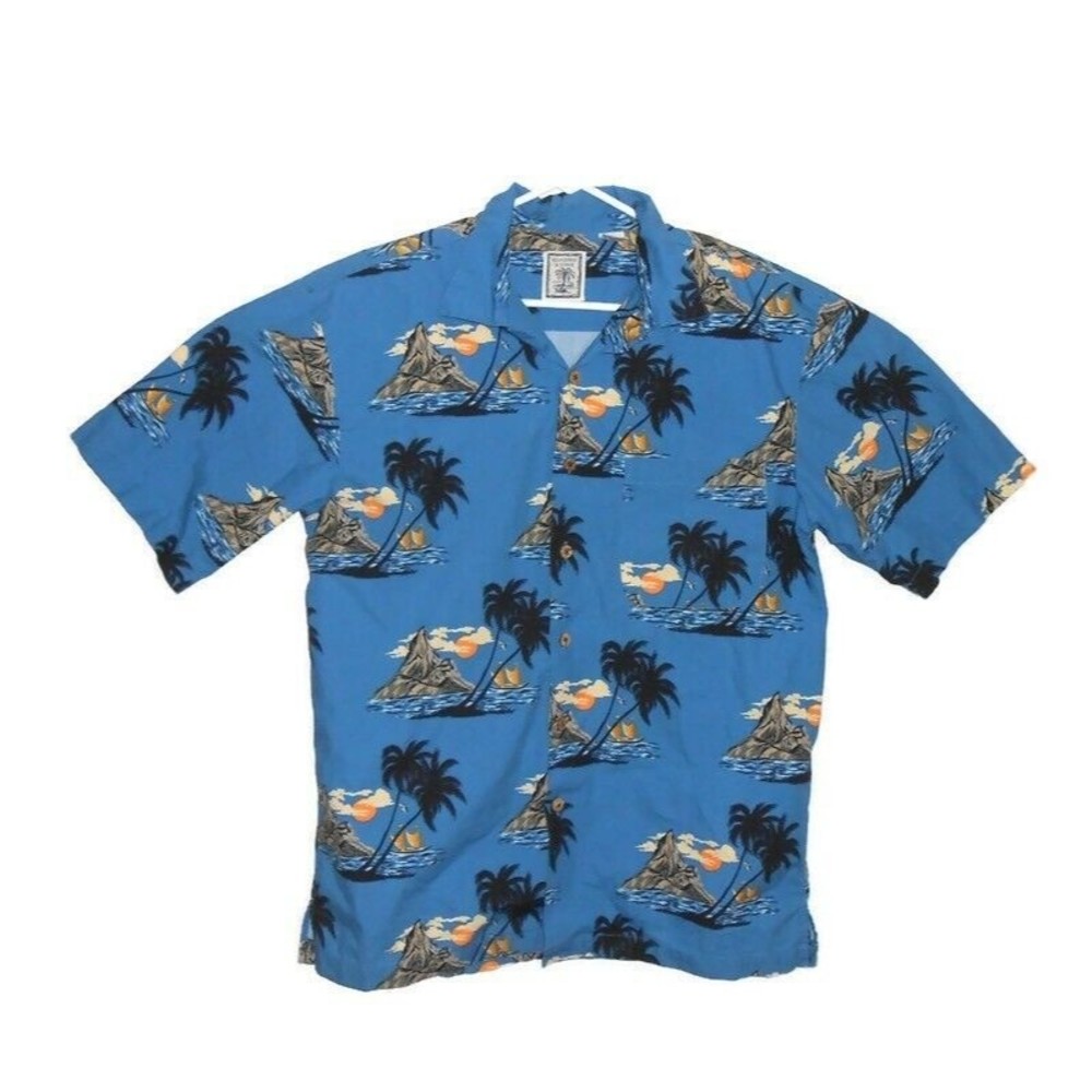 Roundtree & Yorke Men's Medium Shirt Blue Hawaiian Palm‎ Trees Sunset